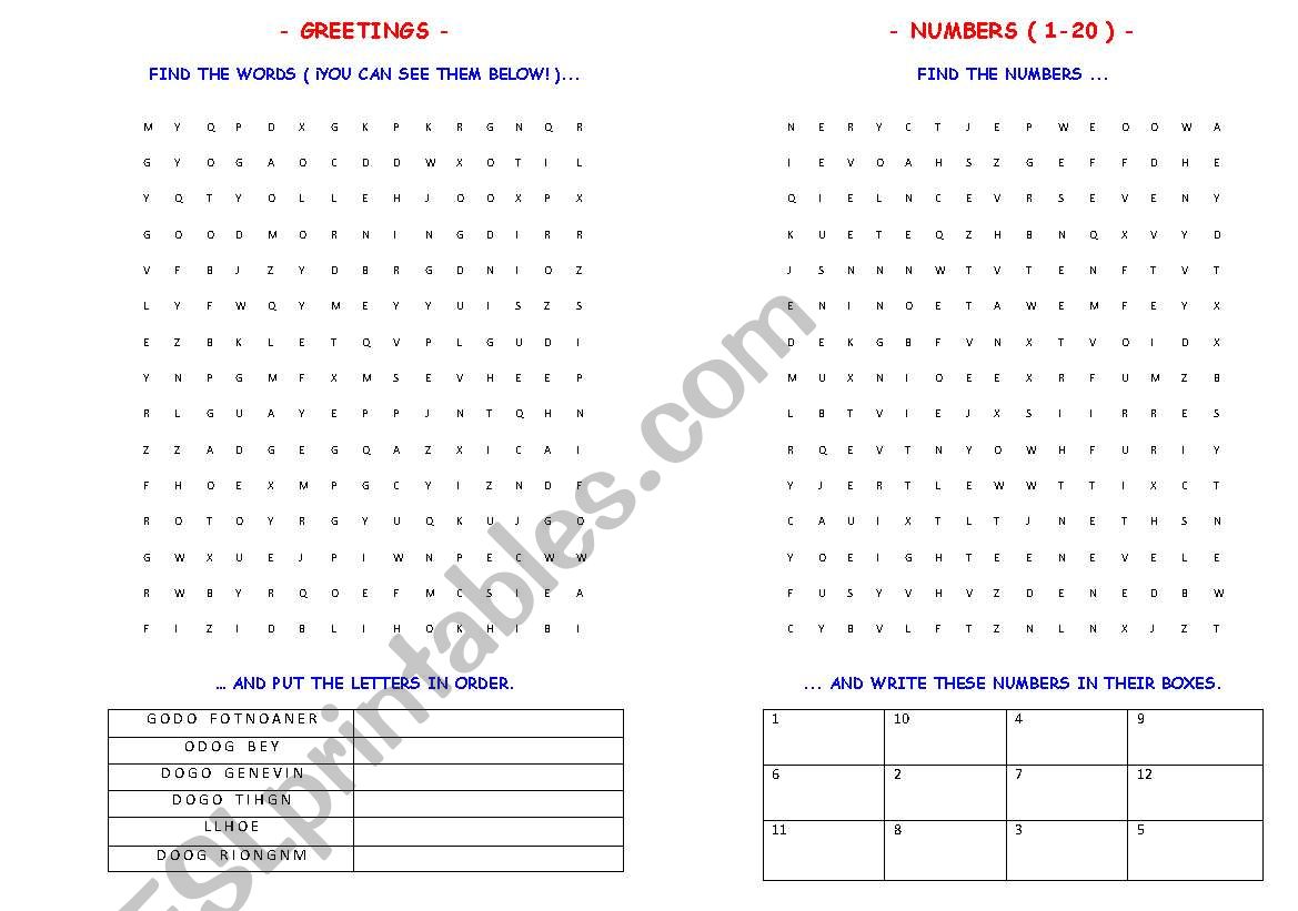 GREETINGS  &  NUMBERS (1-20) worksheet