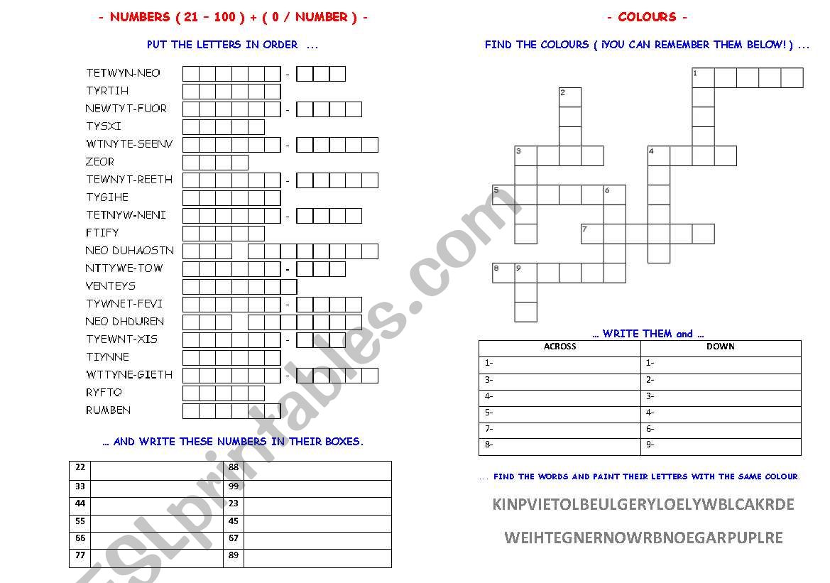 NUMBERS (21-100) & COLOURS worksheet
