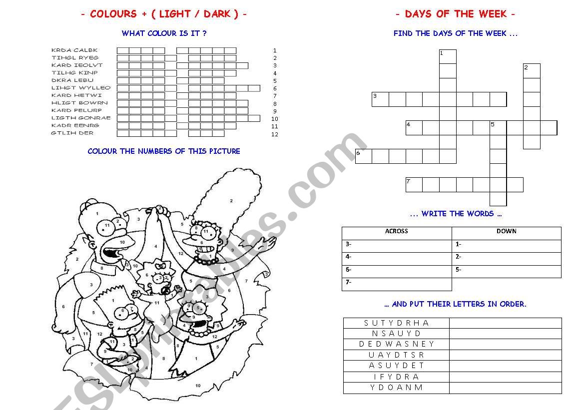 COLOURS & DAYS OF THE WEEK worksheet