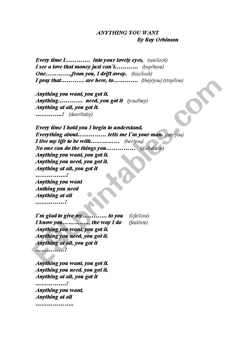 Song: ANYTHING YOU WANT  worksheet