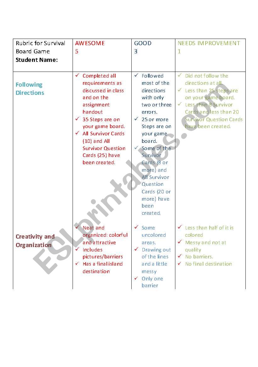 Survival Board Game worksheet