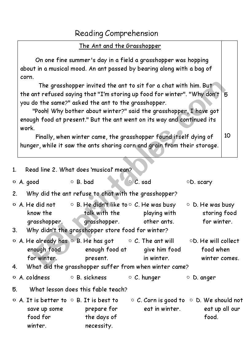 The Ant And The Grasshopper   worksheet