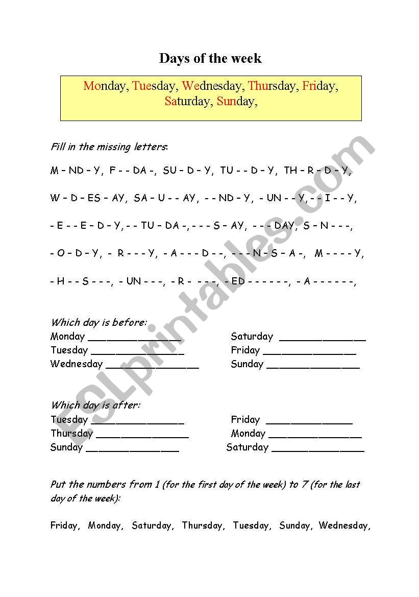 Days of the week worksheet