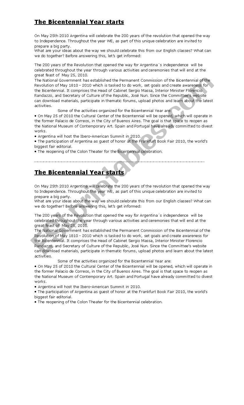 The Bicentennial year starts worksheet