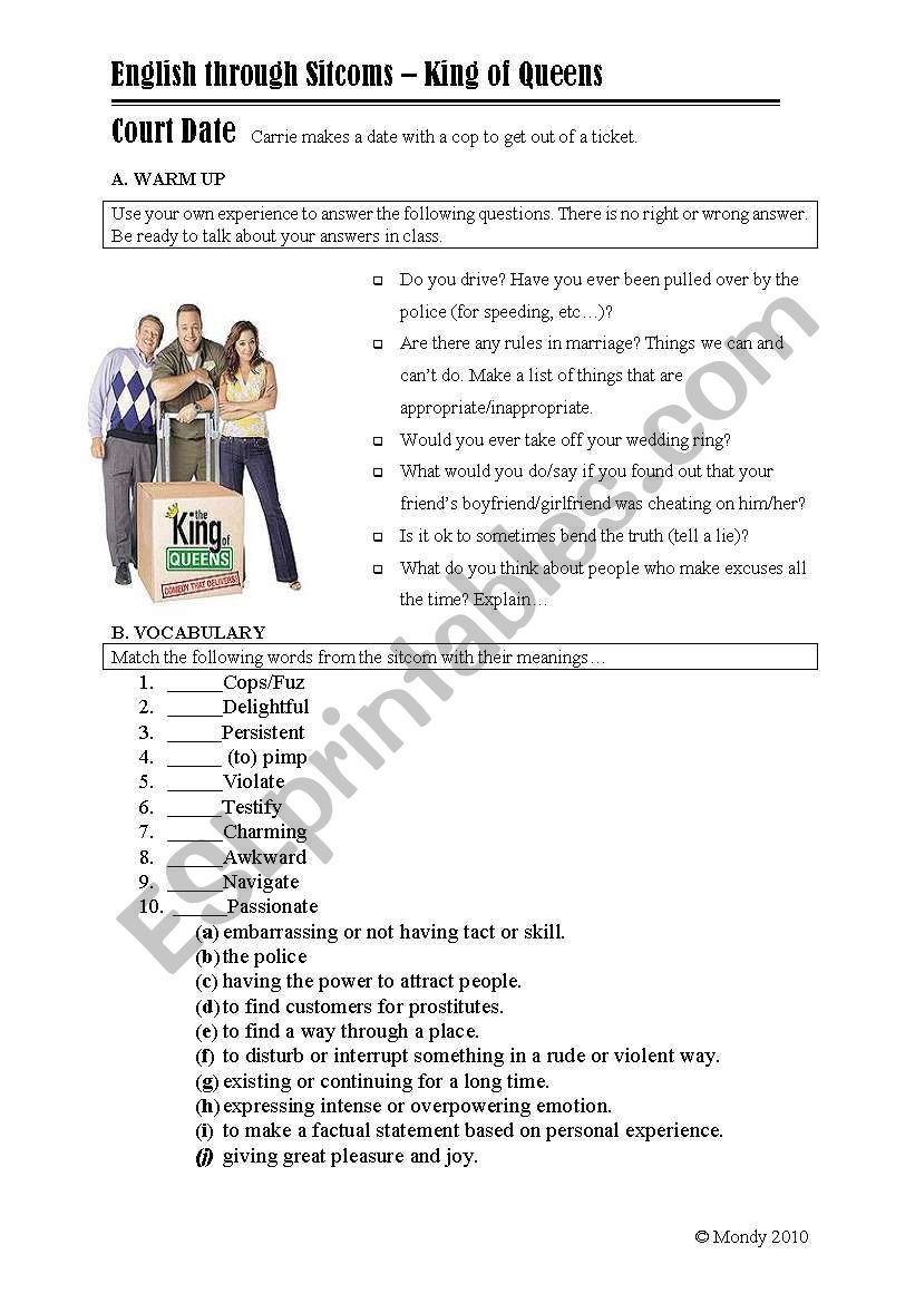 English worksheets: King of Queens - Season 1 Episode: Court Date