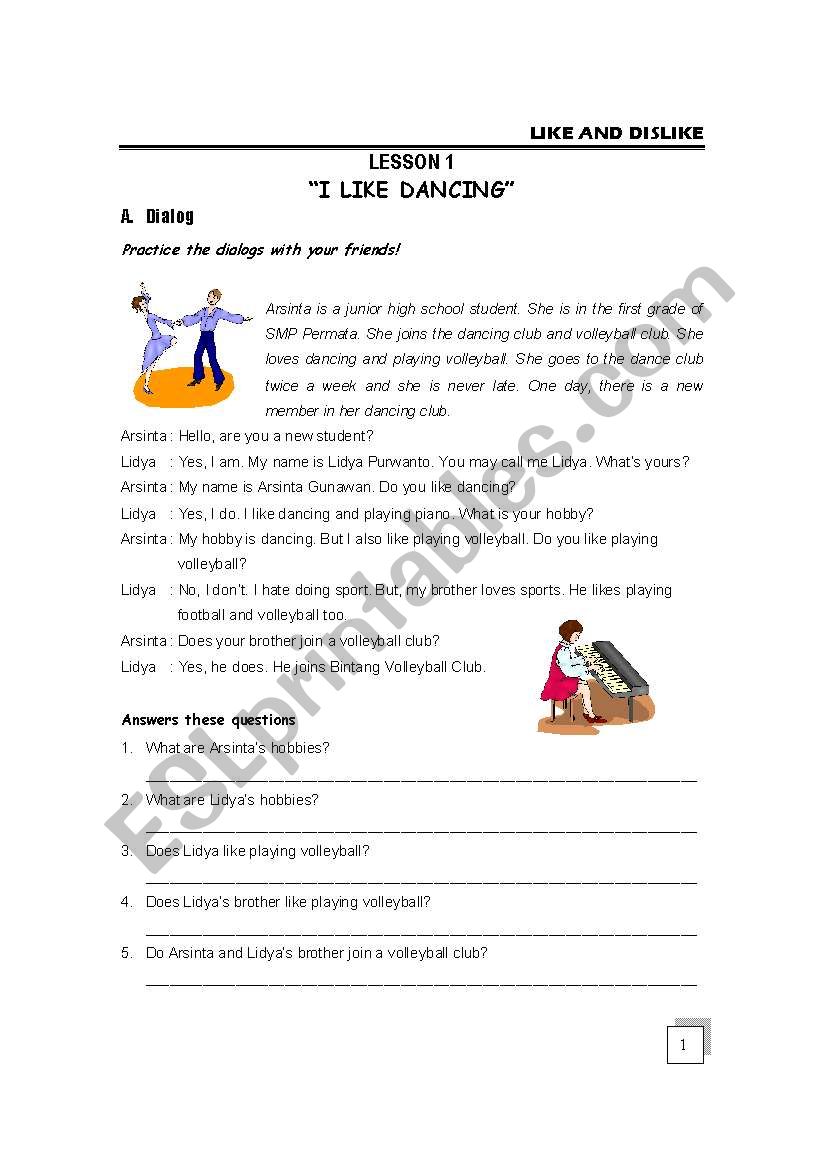 LIKE AND DISLIKE (HOBBIES) worksheet