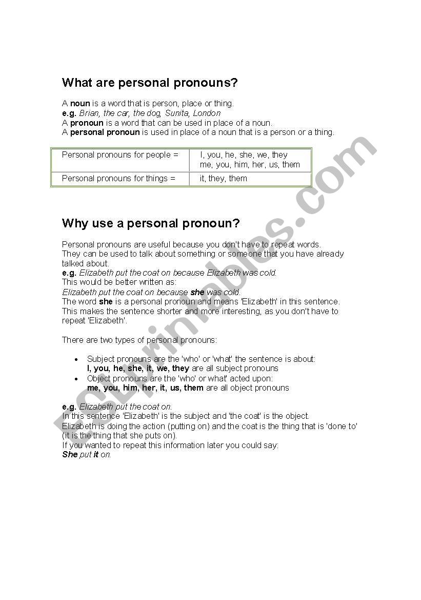 Useful Personal Pronoun worksheet