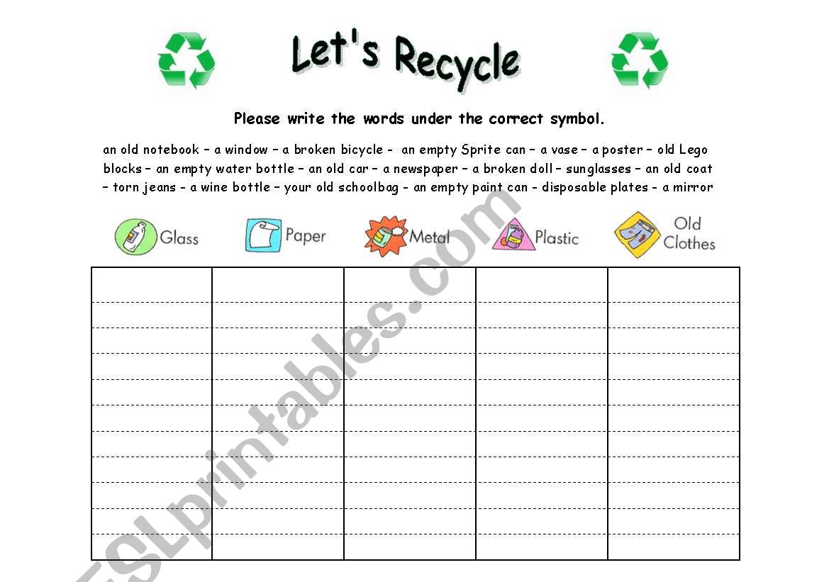 sorting exercise, recyling theme
