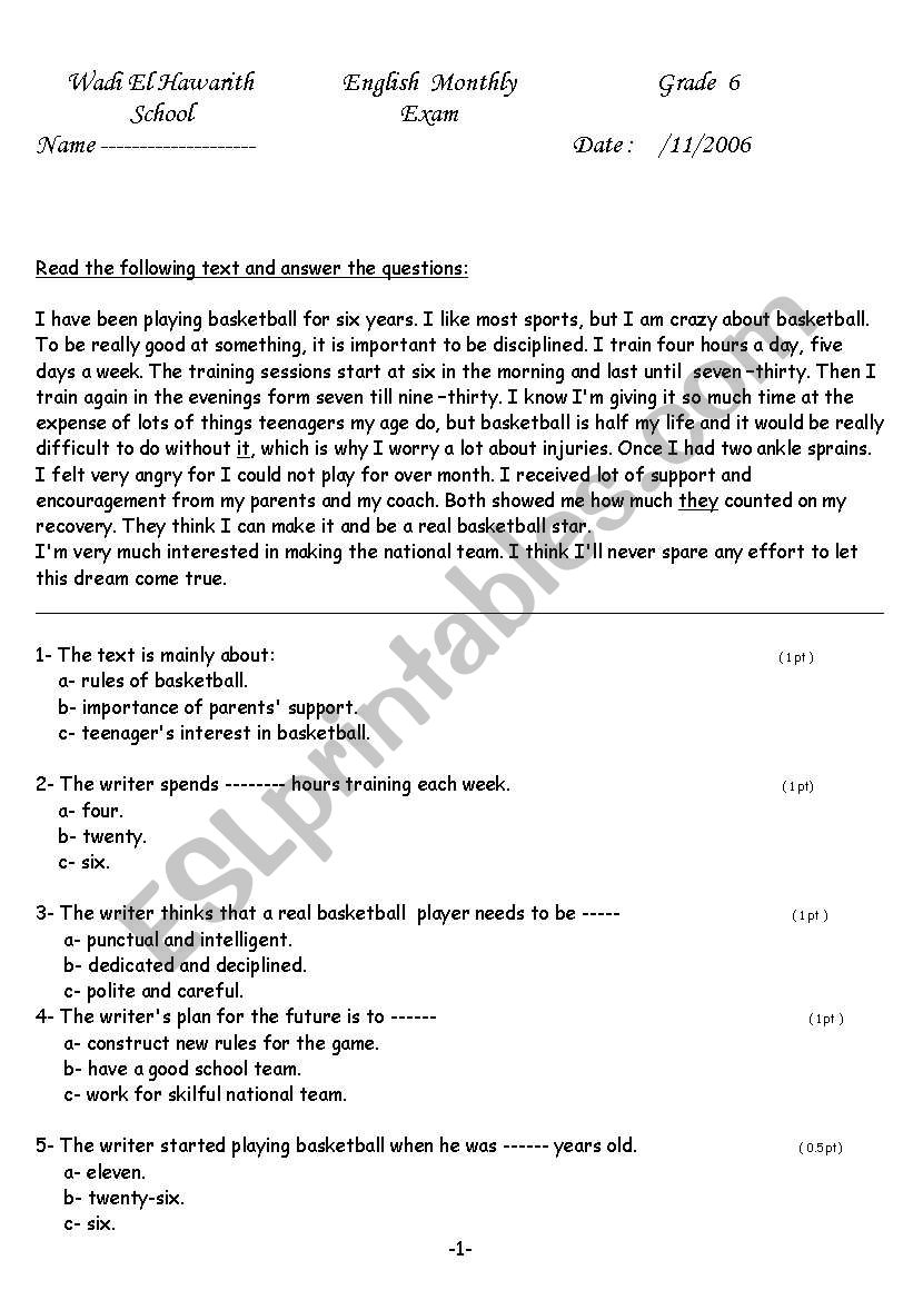 sport ( Basketball) worksheet