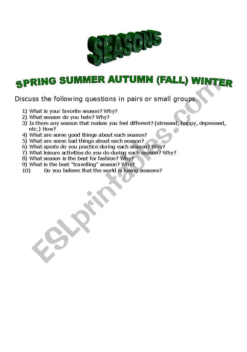 SEASONS DISCUSSION worksheet