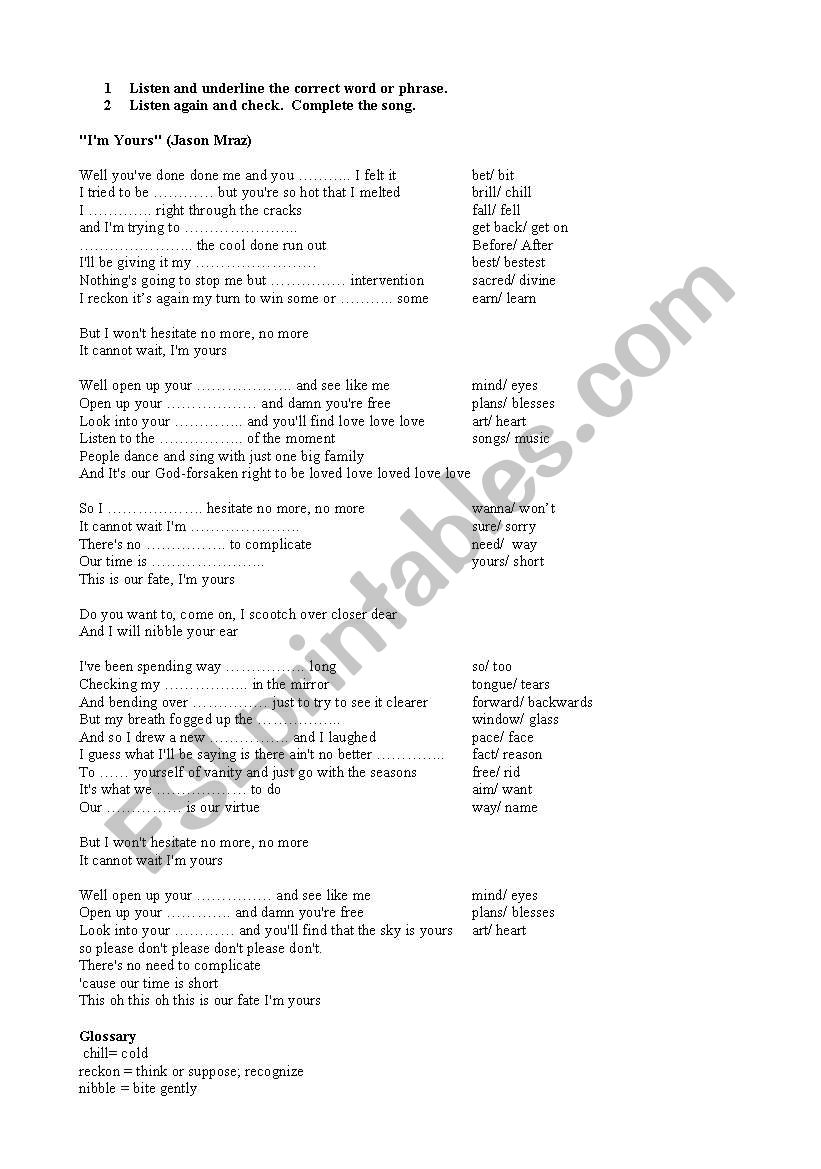 Im yours by Jason Mraz worksheet