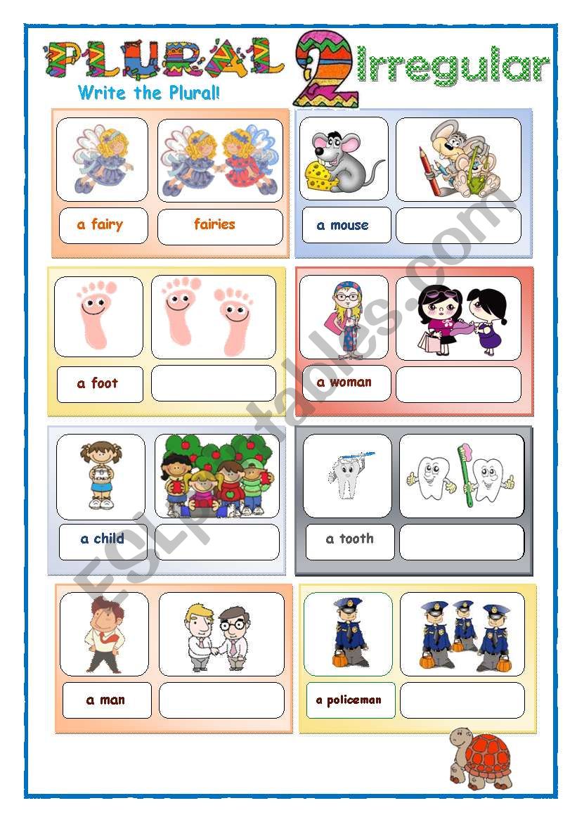 Plural for kids part 2 - Irregular - 2 pages: Study sheet and practice 