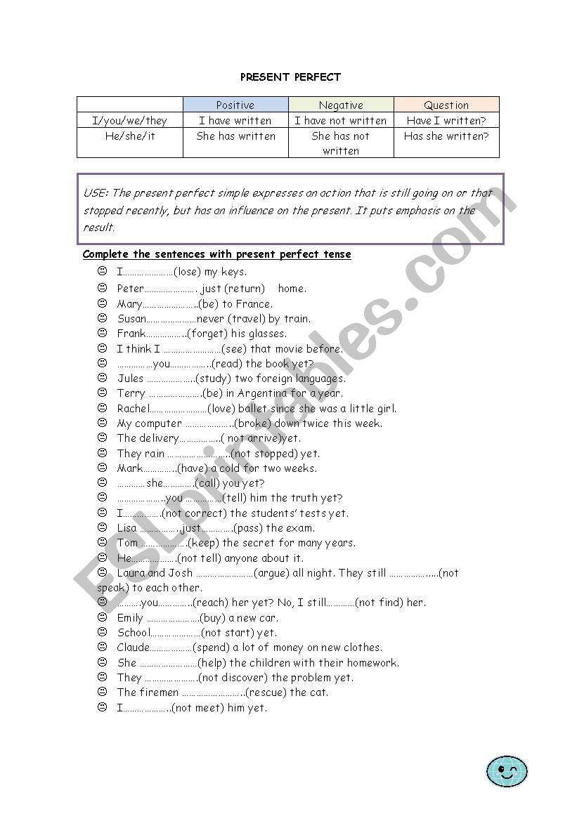 present perfect worksheet