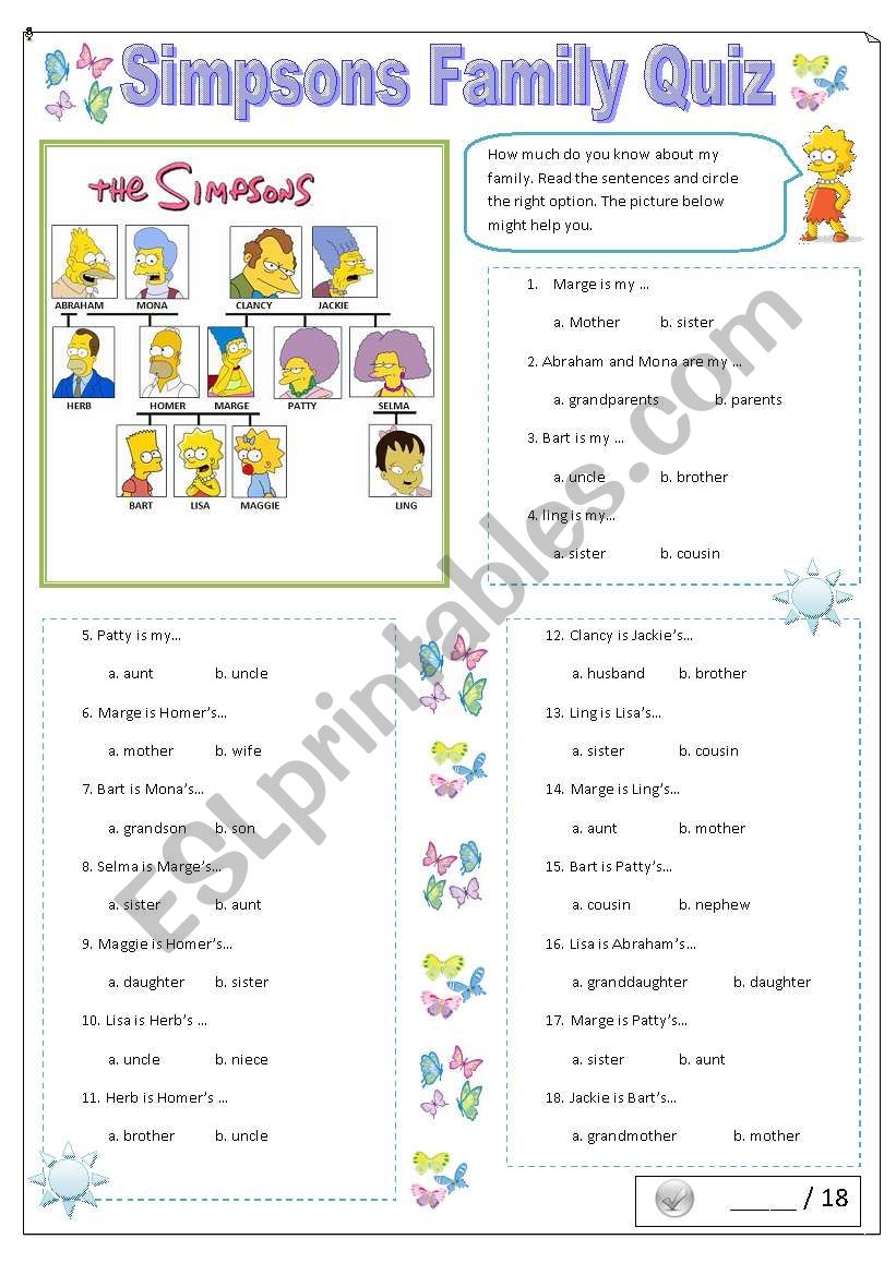 simpsons family quiz worksheet