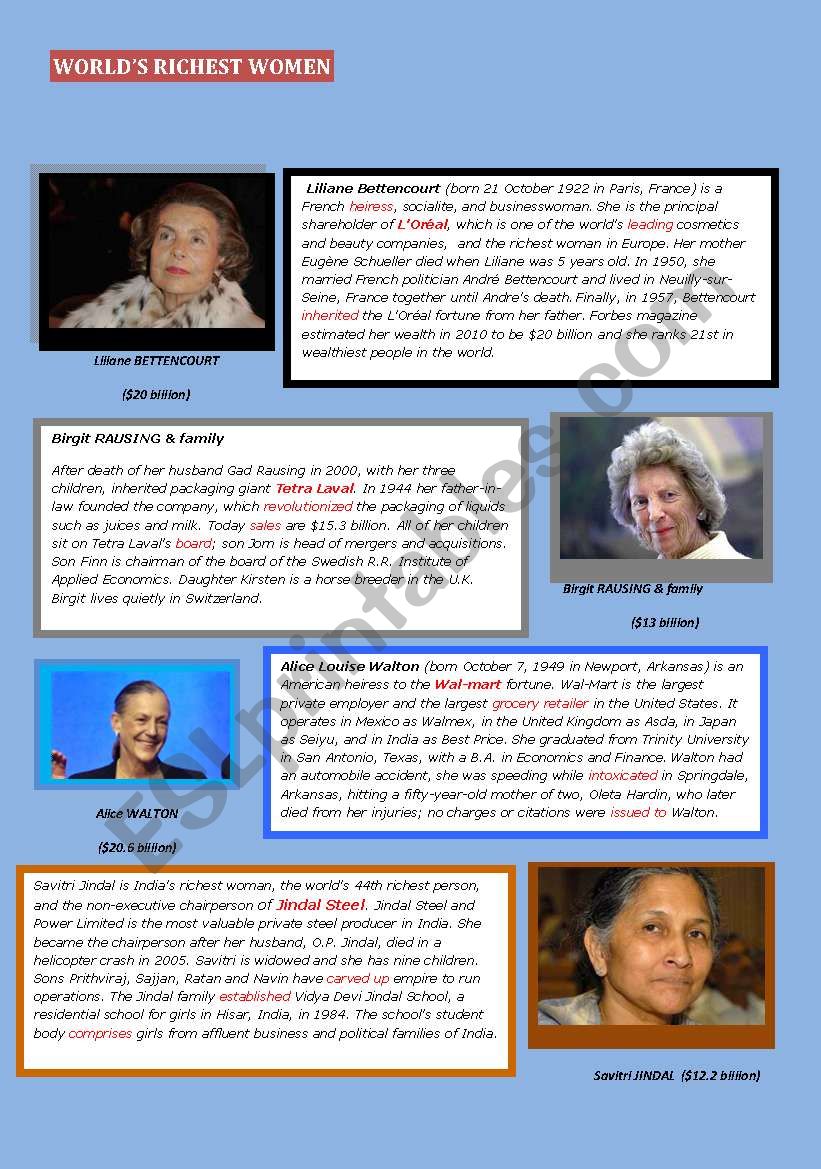 WORLDÂ´S RICHEST WOMEN worksheet