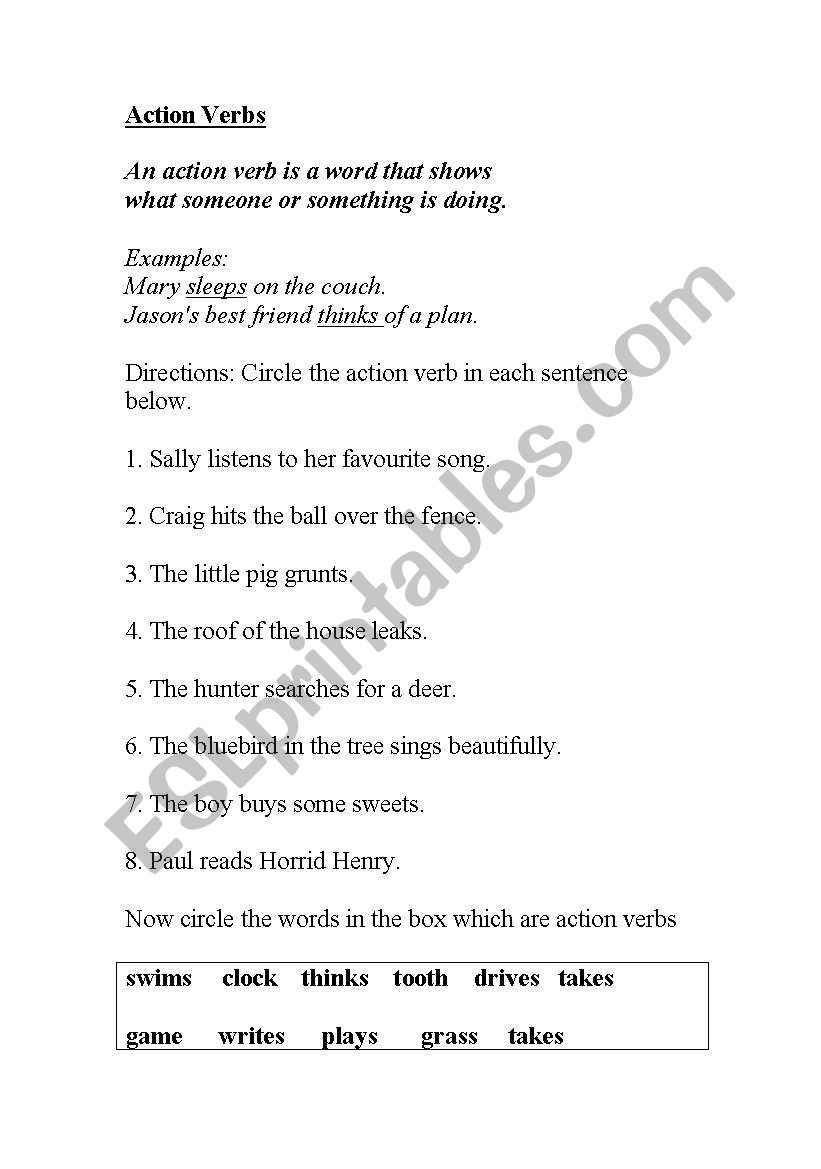 Action Verbs worksheet