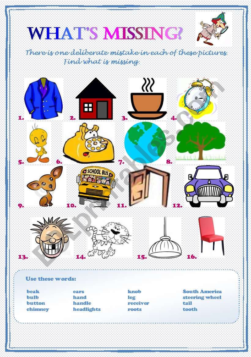 What is missing? A fun excercise to make your students talk. (with answers)