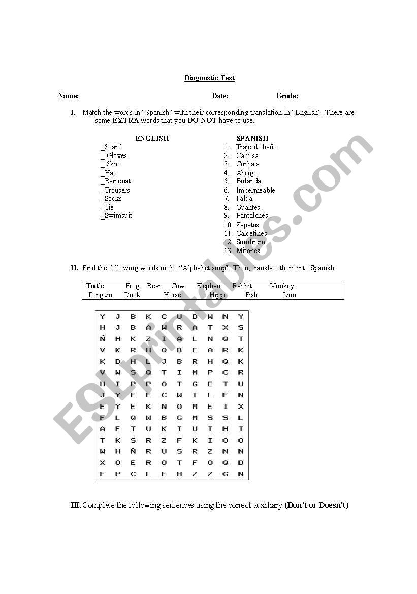 Diagnostic test for seventh grade