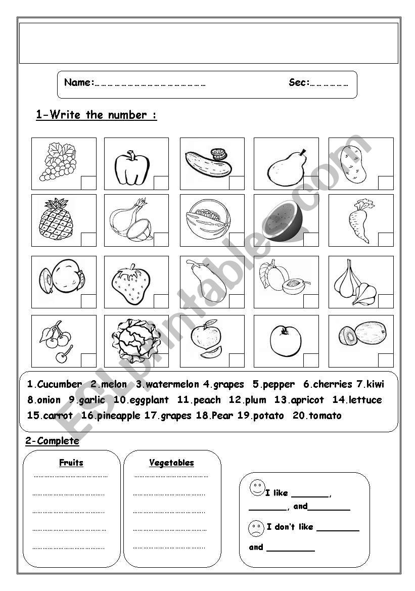 Fruits and vegetables worksheet