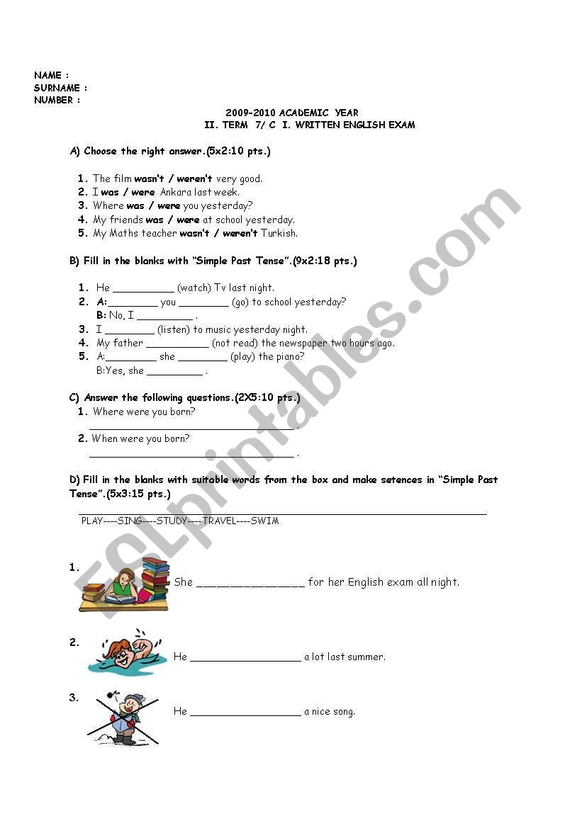 II. Term I. written exam for 7th Grade