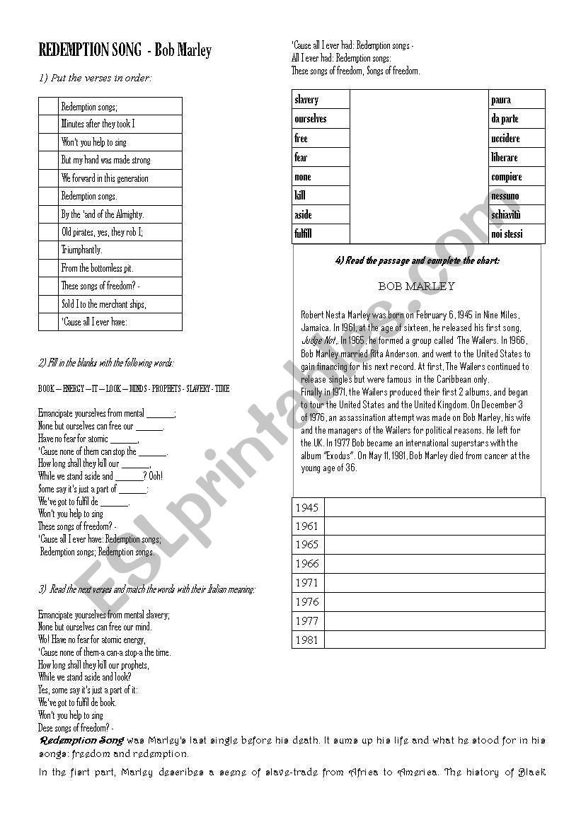 Redemption Song worksheet