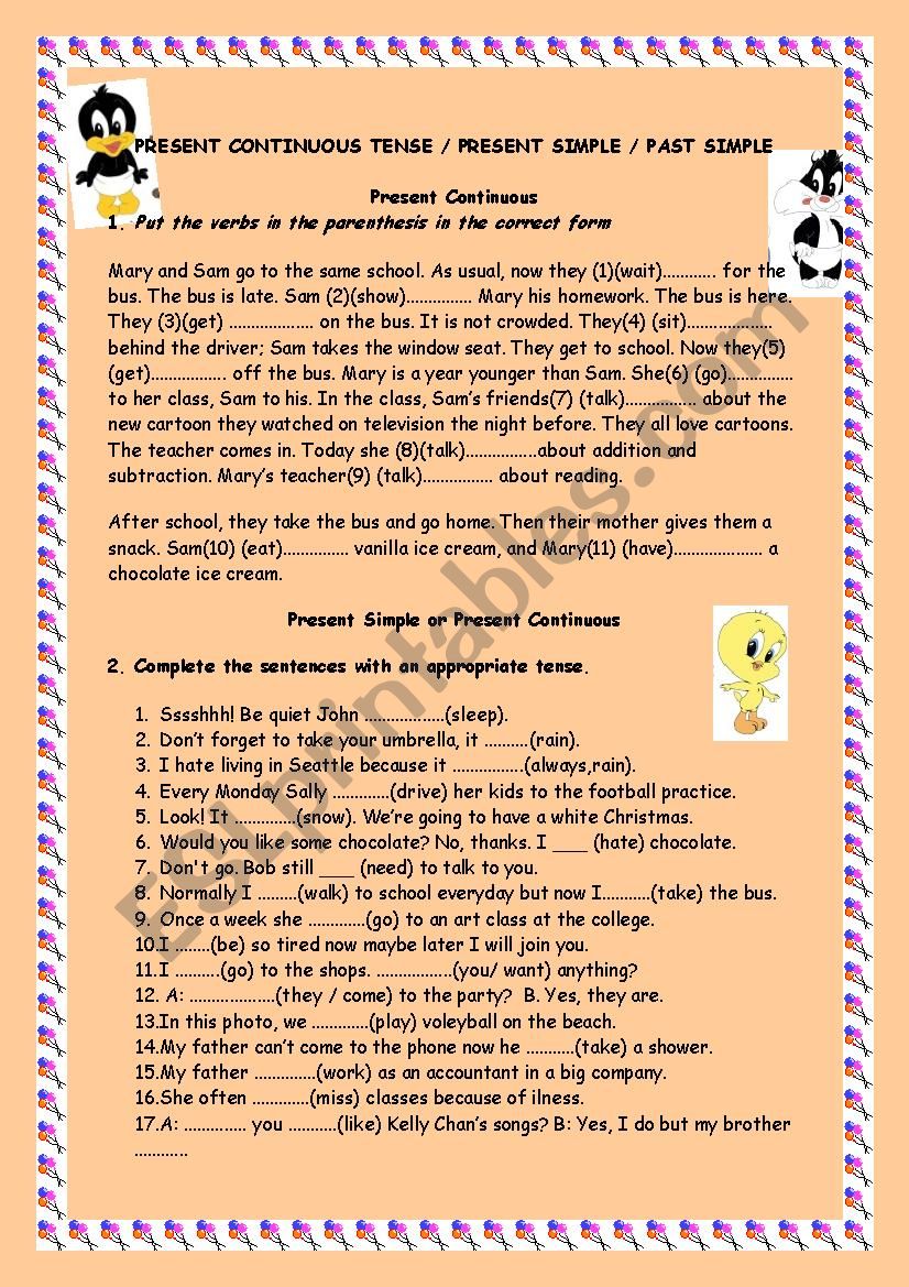 REVISED TENSE REVISION ( PRESENT AND PAST TENSES) 3 PAGES WITH KEY