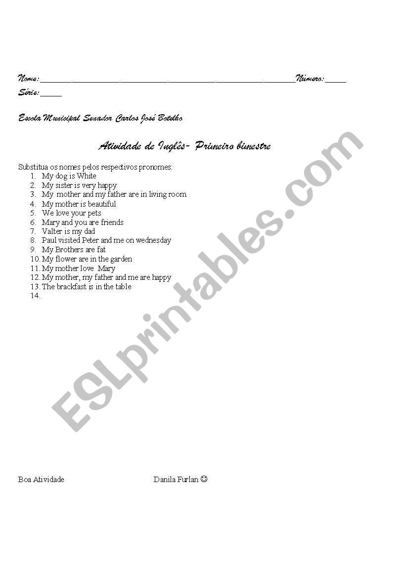 atividade personal pronous worksheet