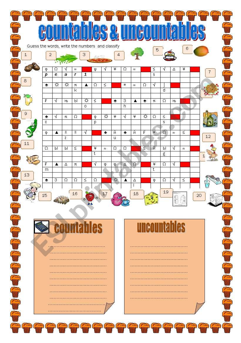 COUNTABLES AND UNCOUNTABLES worksheet