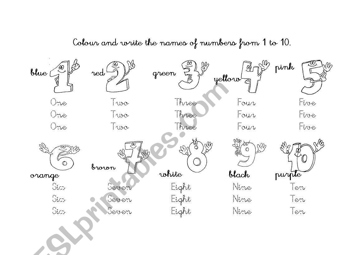 Colour and write the names of numbers from 1 to 10