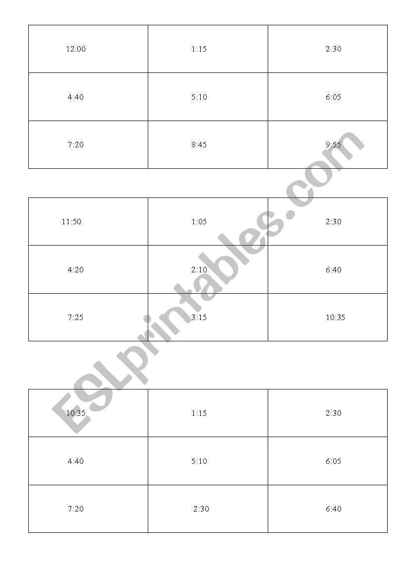 Time bingo worksheet