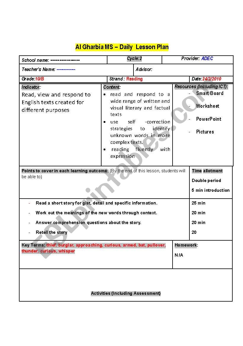 Lesson Plan ( Story) READING worksheet