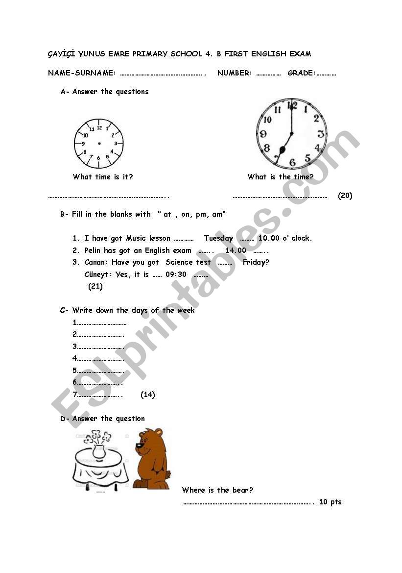 4th grade exam worksheet