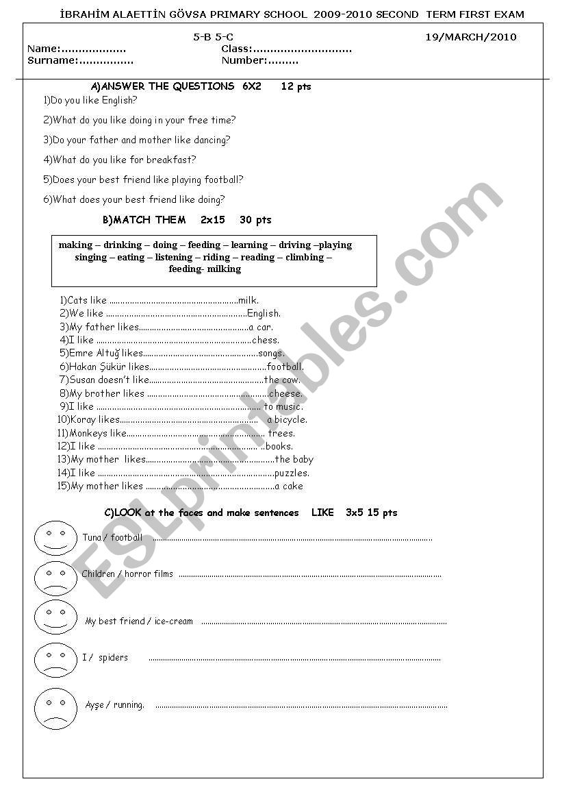 an exam 5 th grades worksheet