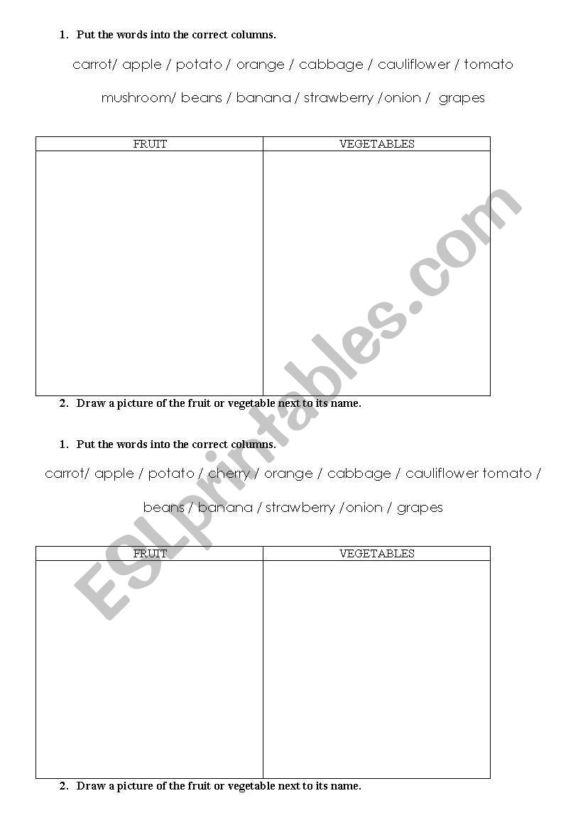 Sorting Fruit and Vegetables worksheet