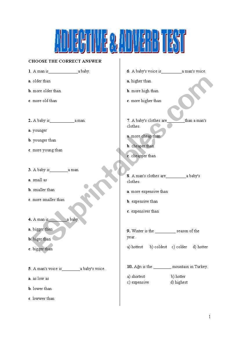 Adjective adverb test worksheet