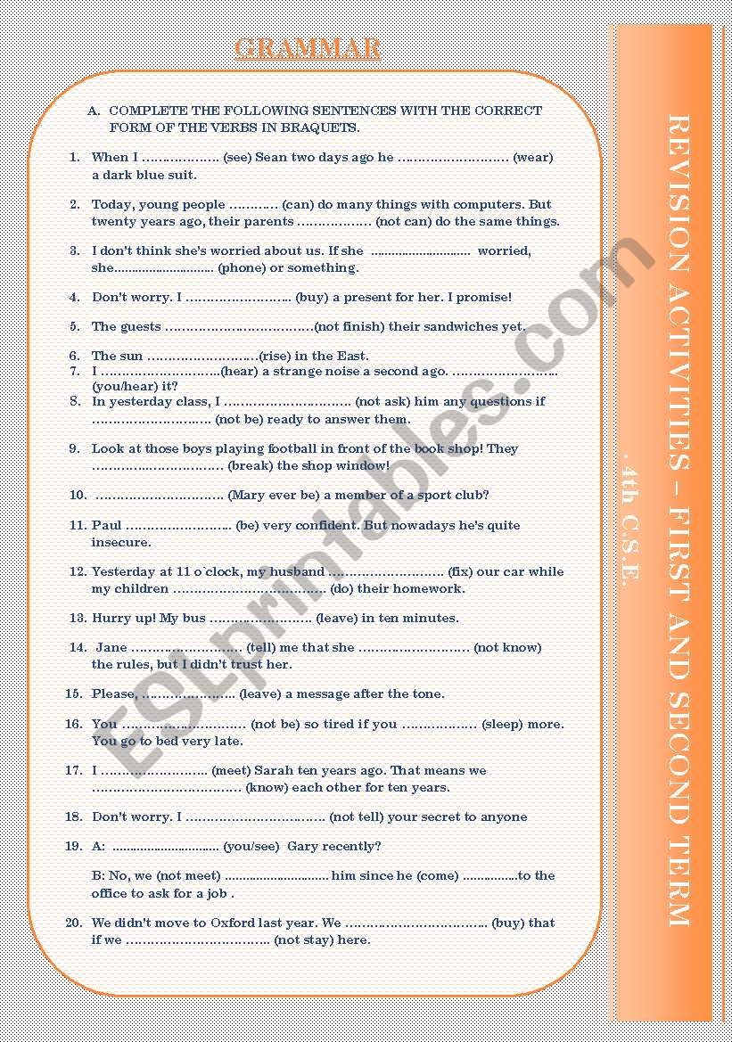 grammar and vocabulary review for 4th Secondary School- key  and B&W version included