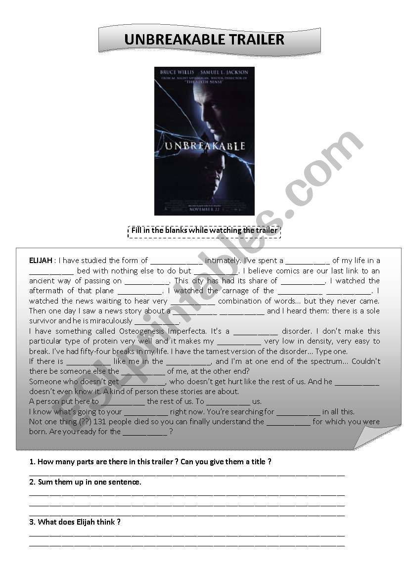 Unbreakable trailer worksheet worksheet