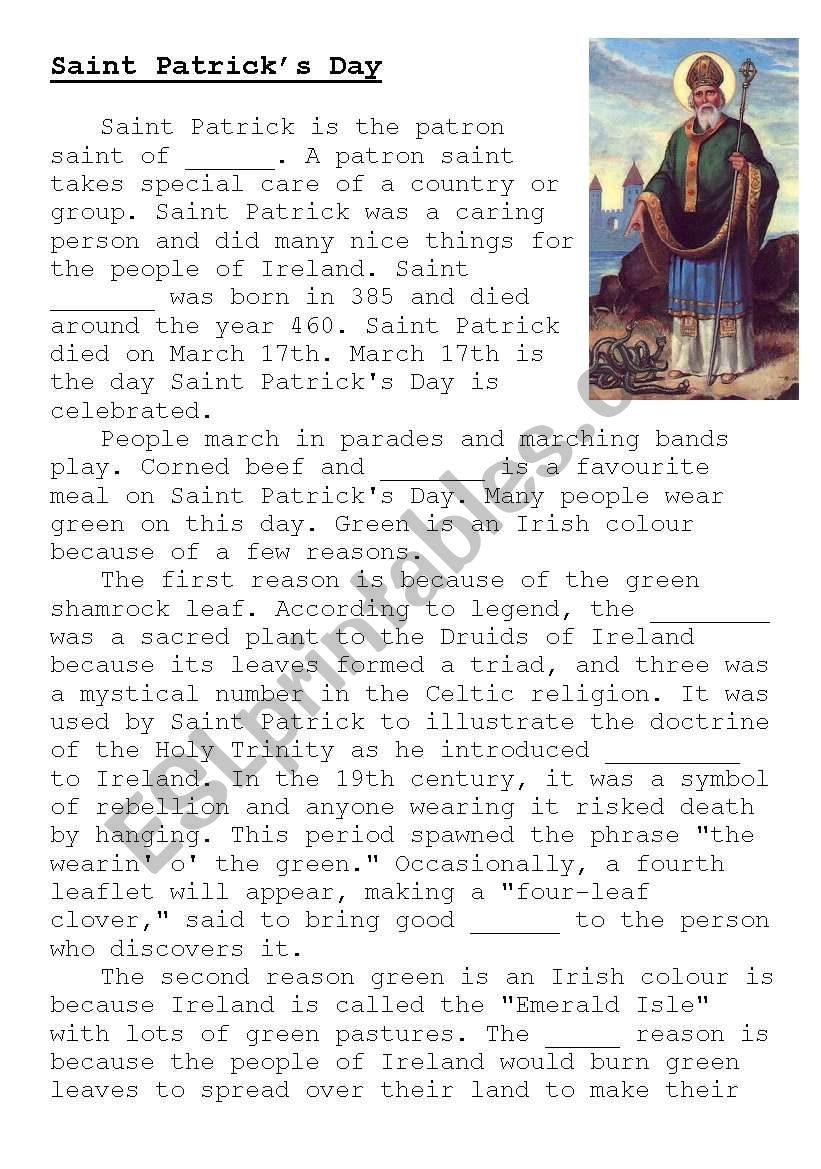 St. Patricks Story Cloze worksheet