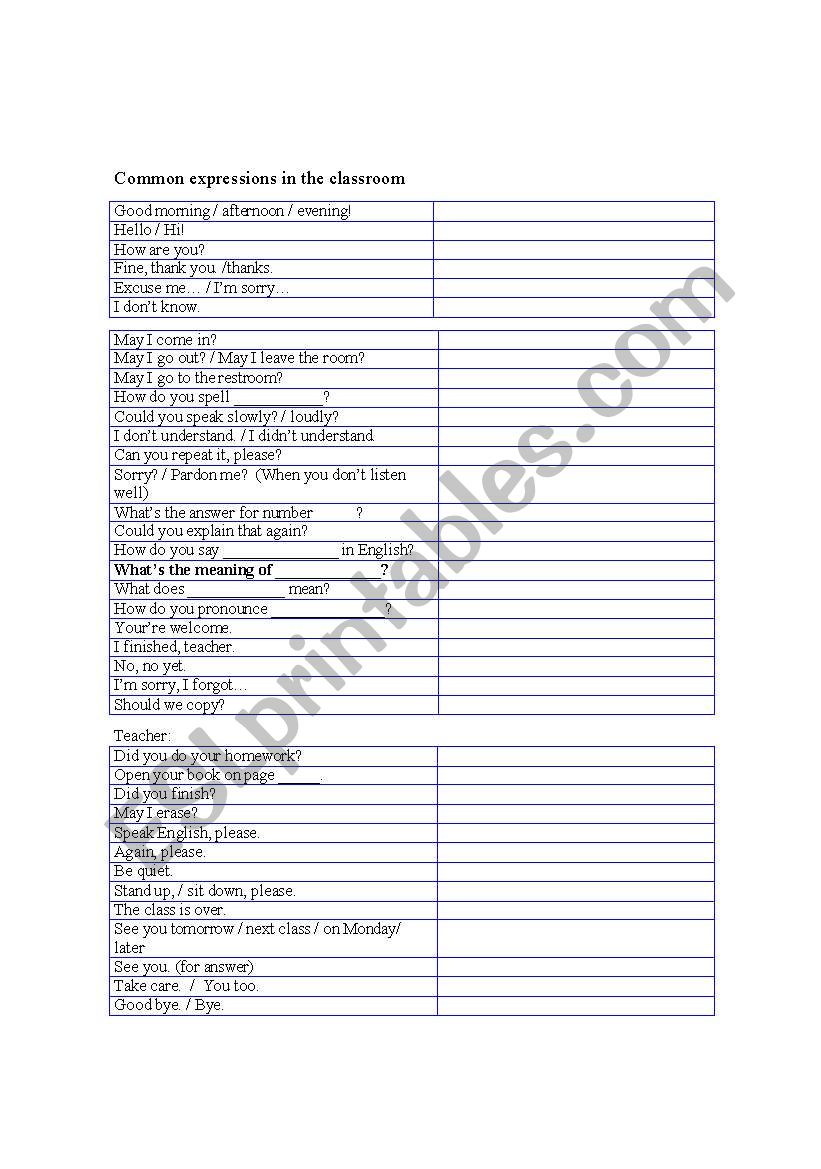 Useful expressions to use in the classroom