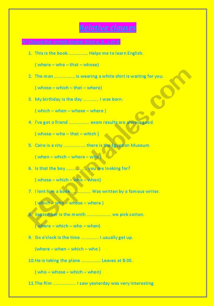relative clauses exercise worksheet