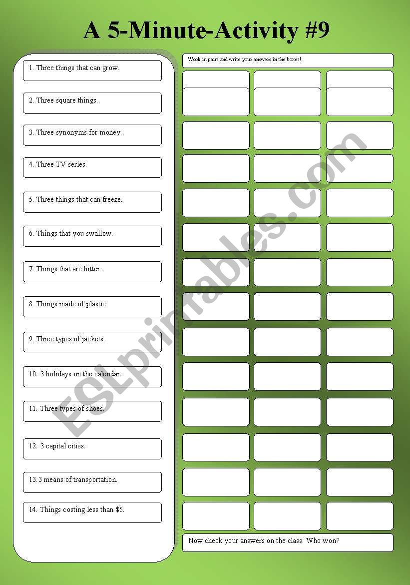 A 5-Minute Activity #9 worksheet