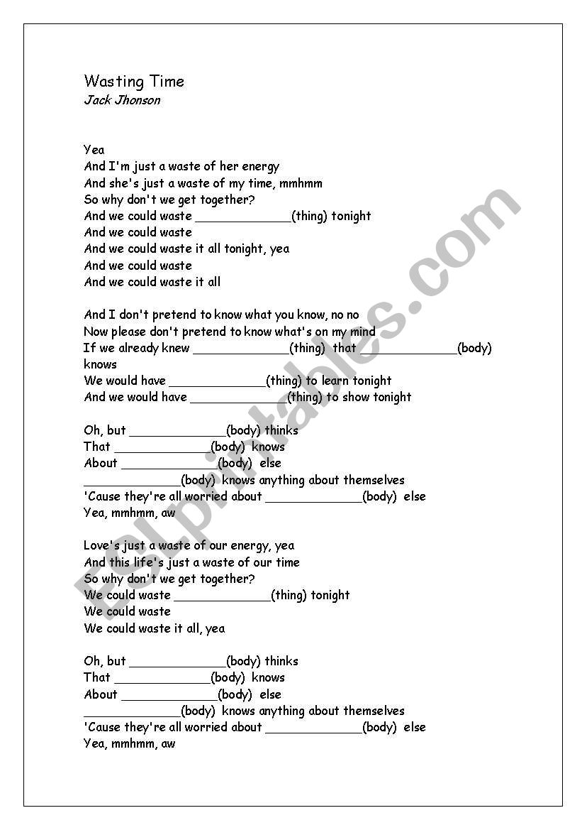 Song - Wasting Time worksheet