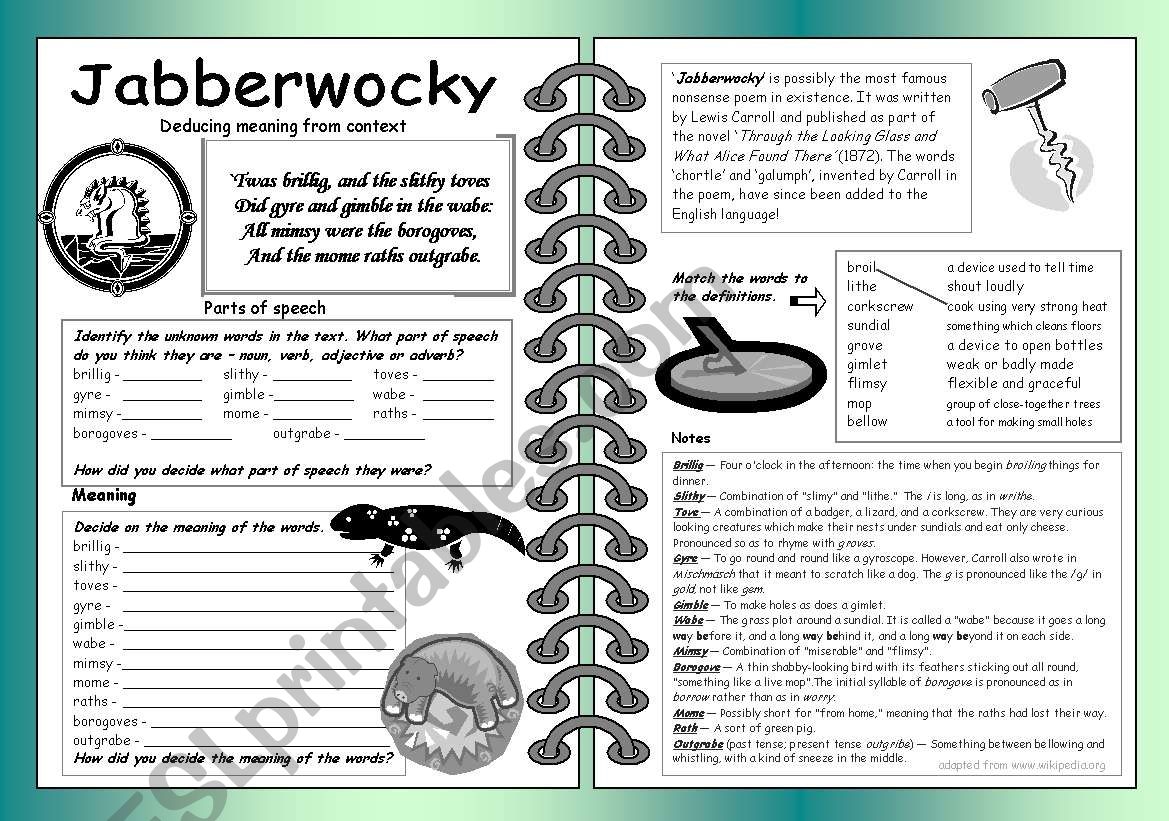 Deducing Meaning From Context And Identifying Parts Of Speech B W Included Esl Worksheet By Lshorton99