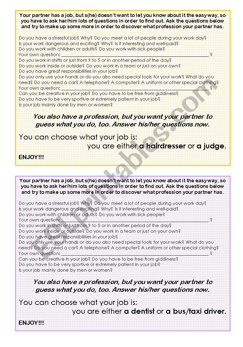 Make your students talk!! Fully Editable Speaking / Conversation Activity on Jobs / Professions / Occupations; 12 pages; B&W version included!! Good for adults and business classes too!!