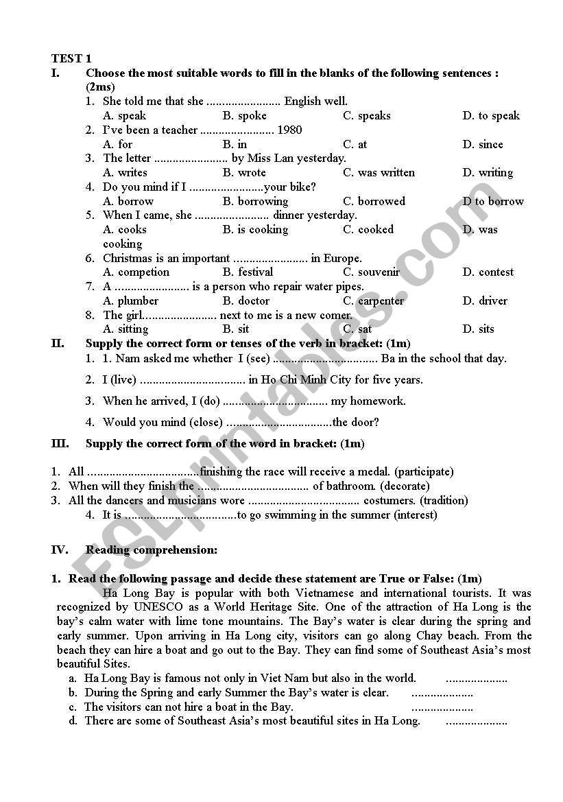 test worksheet