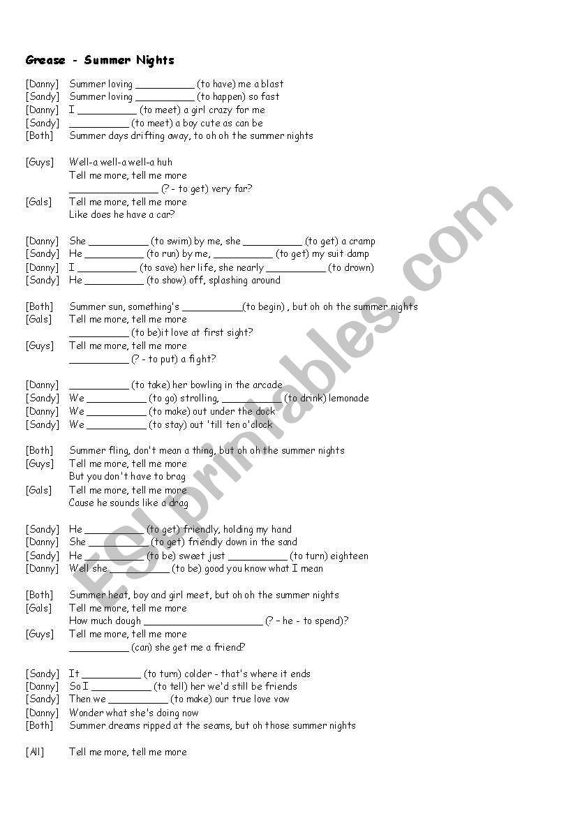 Summer Love story worksheet