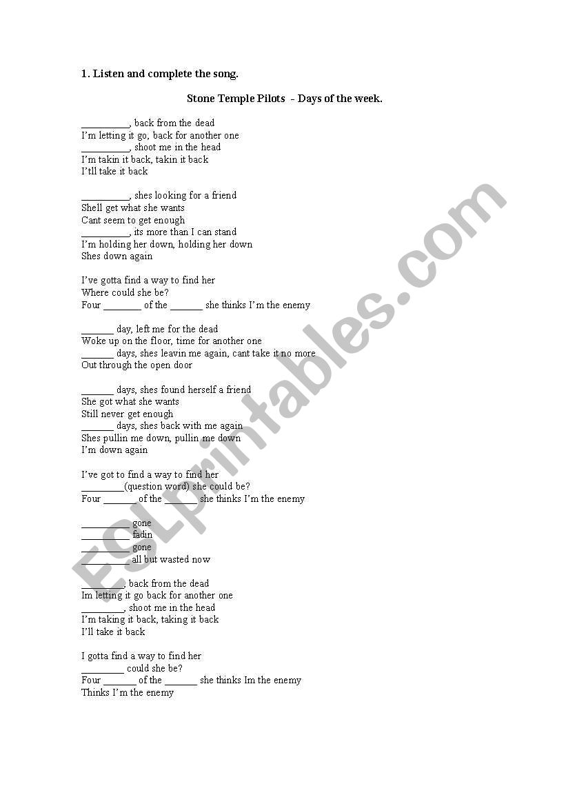 Stone Temple Pilots worksheet