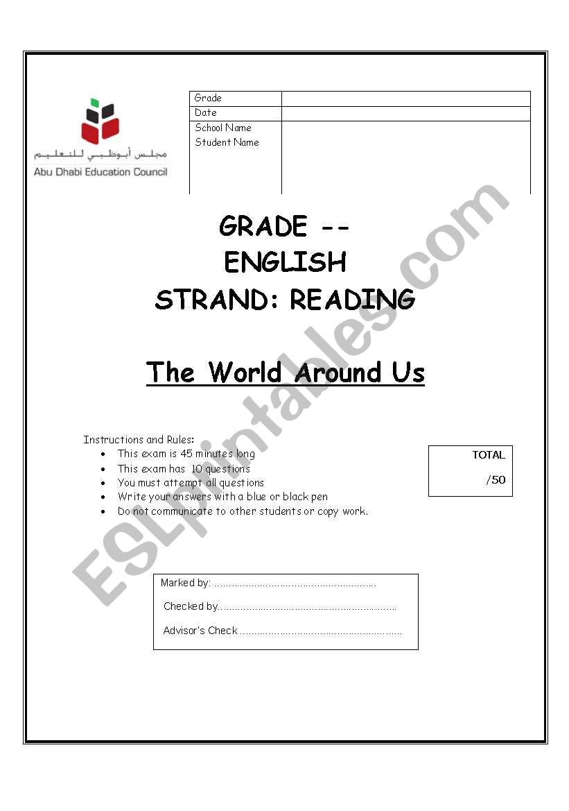 The Earths Physical environment. Part 2 (Reading comprehension test) ADEC UAE