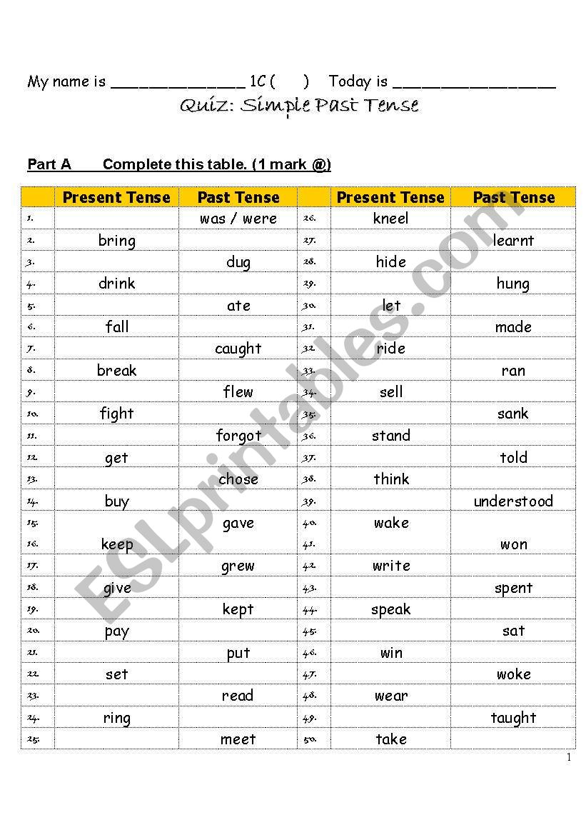 Quiz of Past Tense worksheet