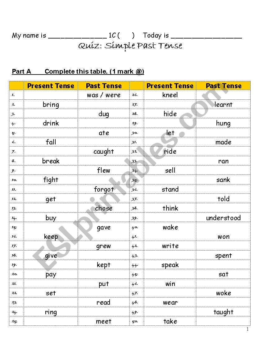 Quiz of Past Tense worksheet